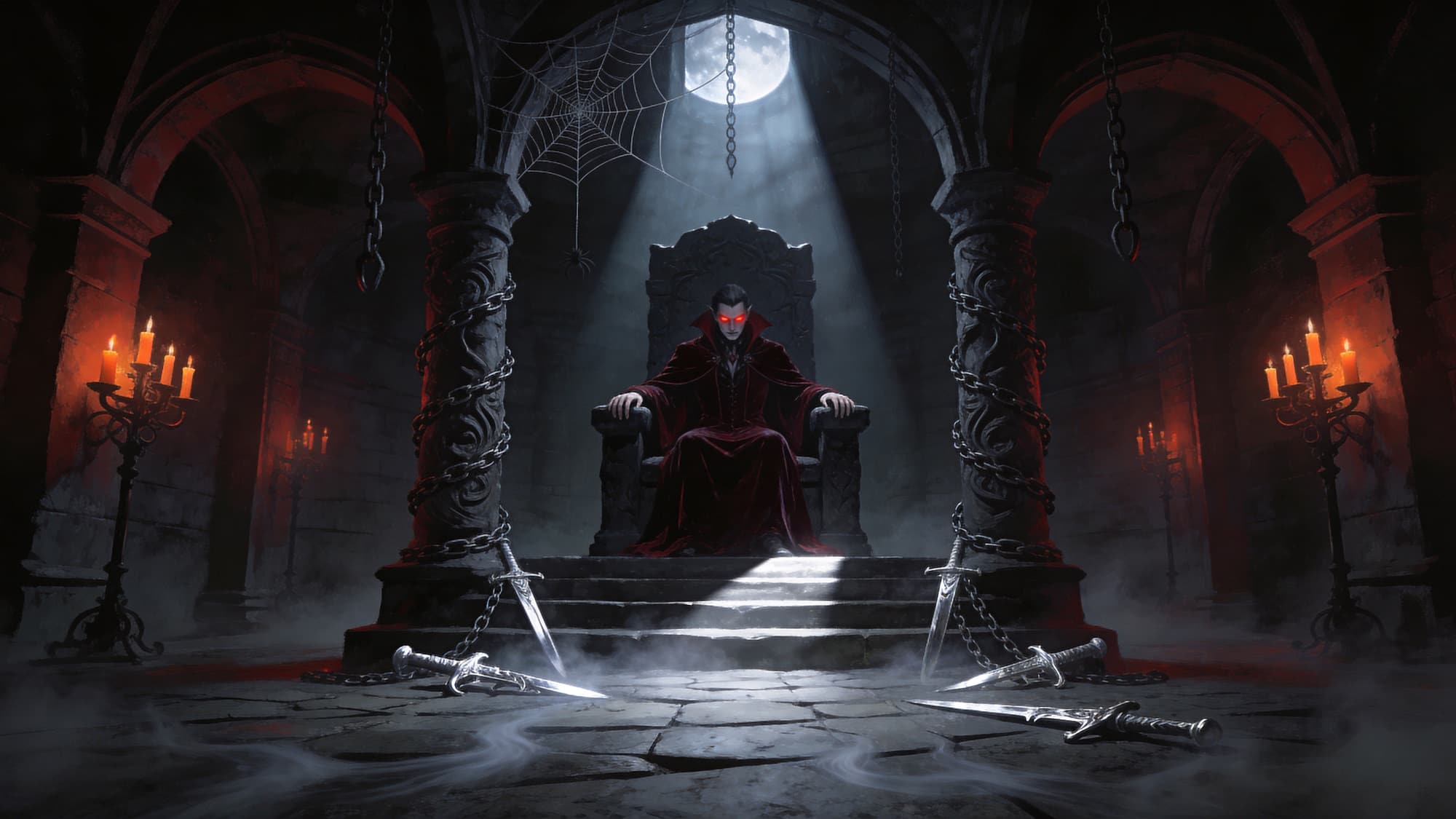 Ein Vampirfürst auf einem Thron in einer fackelbeleuchteten Krypta — Key-Art zu den Dawnwalker-Boss-Guides.
