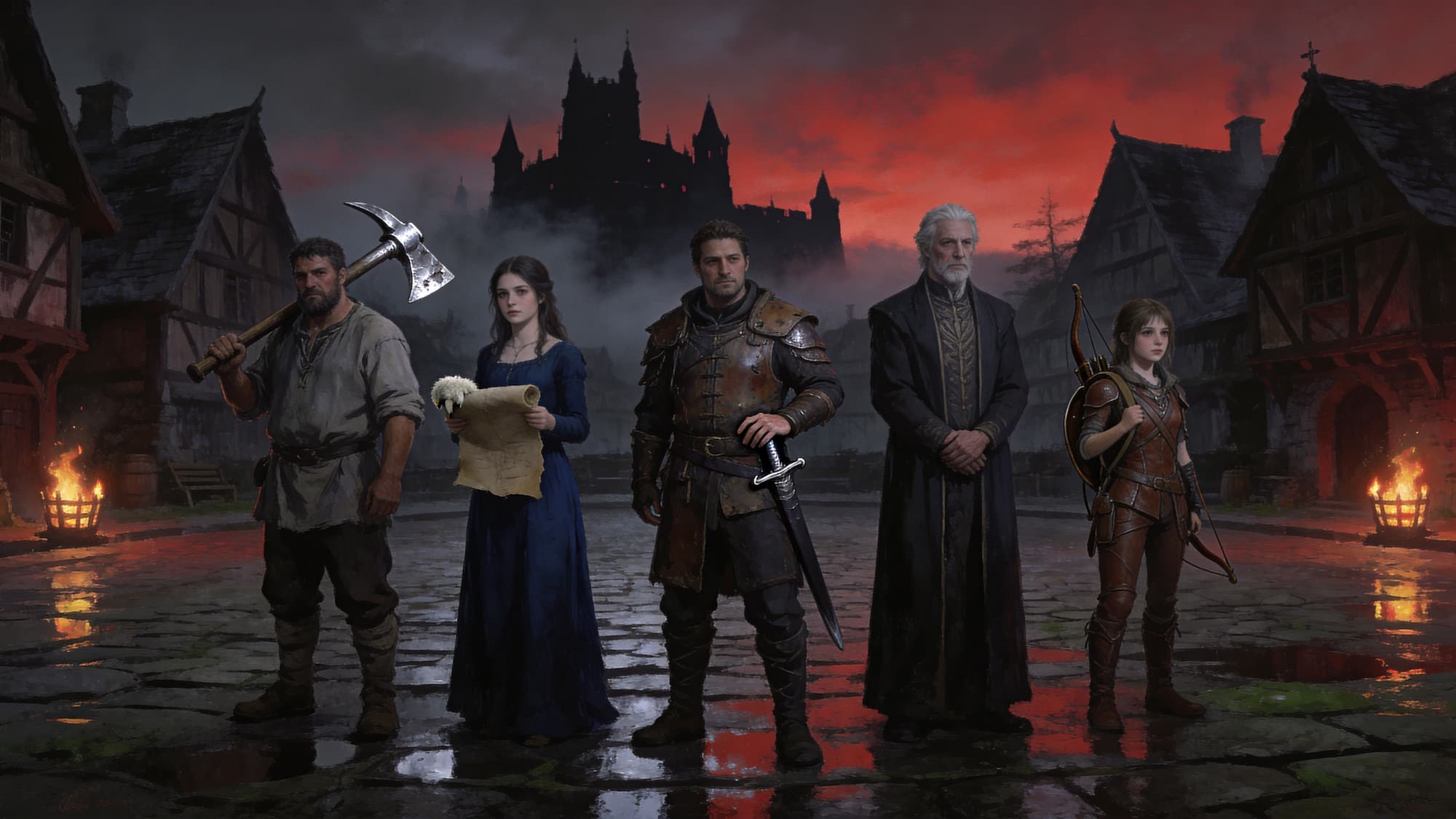 Eine Gruppe von Dawnwalker-Charakteren in dunkler Fantasy-Gewandung — Key-Art zum Charakter-Guide.