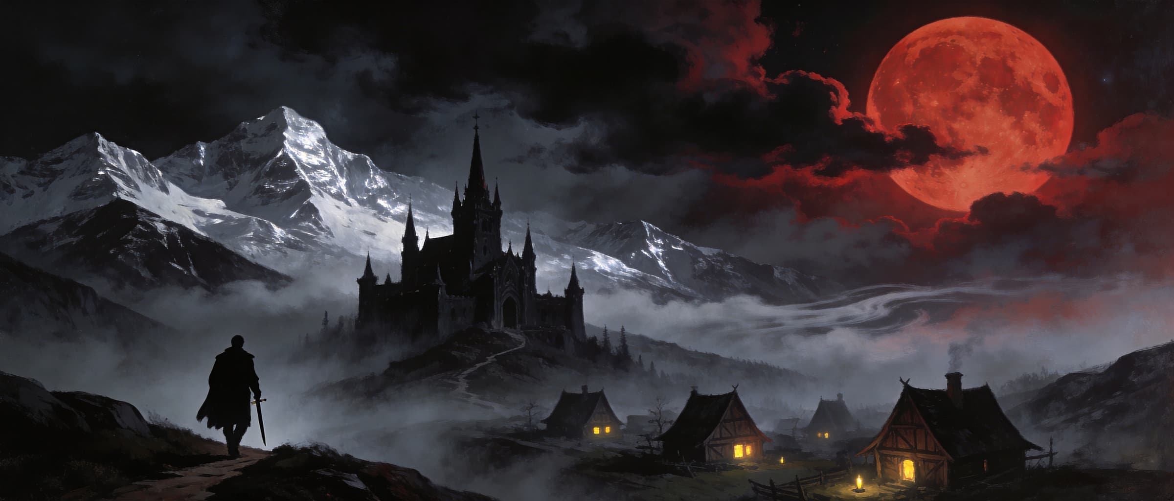 Ein verhüllter Vampirjäger schreitet unter einem blutroten Mond in einem nebligen Bergtal auf eine gotische Burg zu — Key-Art zu The Blood of Dawnwalker.